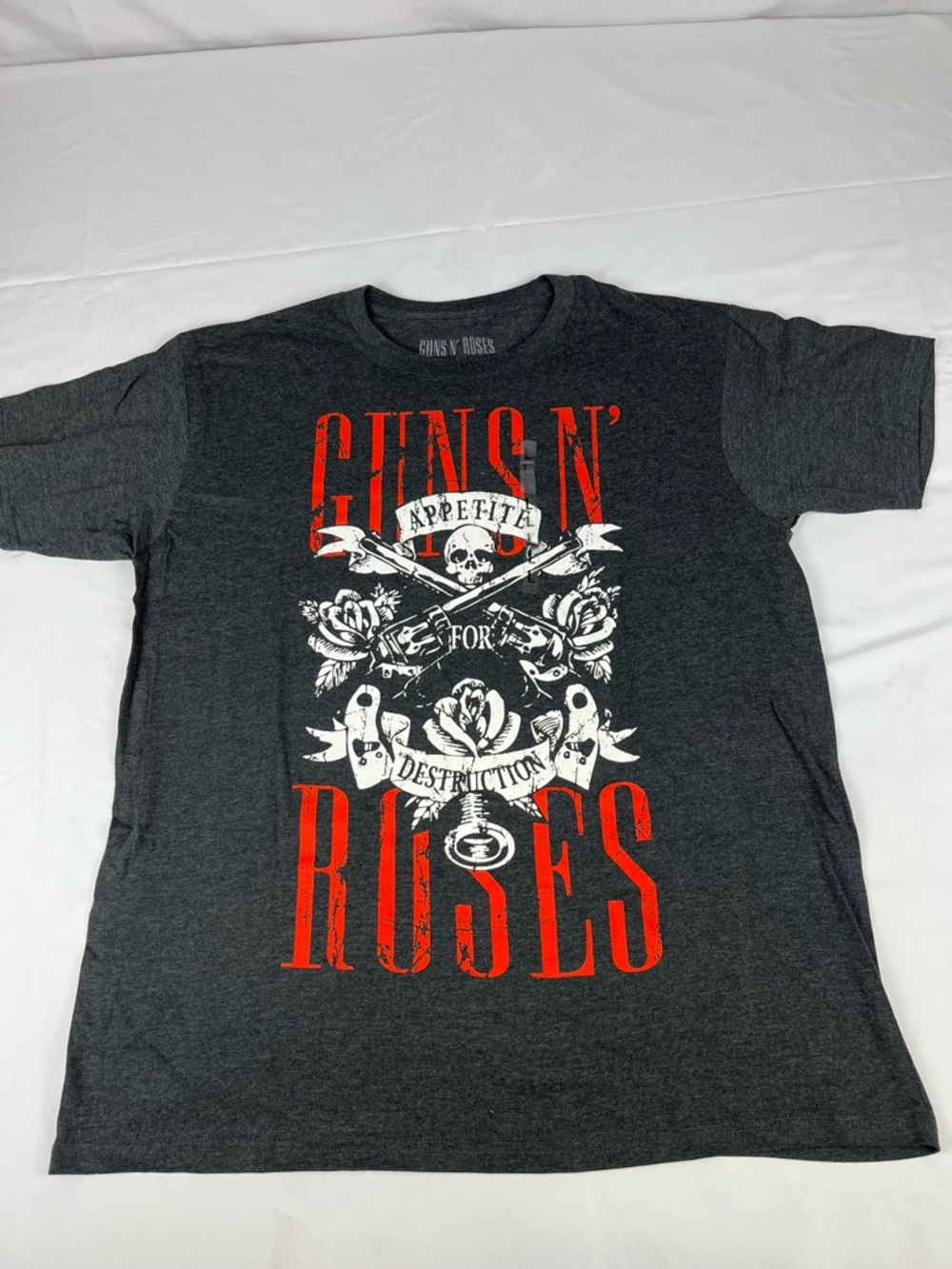Guns N Roses Graphic T-Shirt Skull Roses Rock Band Tee Gray Size L